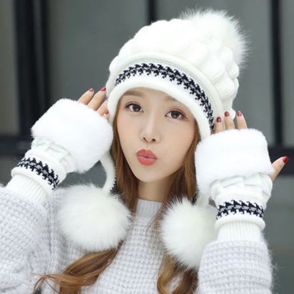 Chic White Fleece Lined Beanie with Fur Pom Poms and Fingerless Gloves